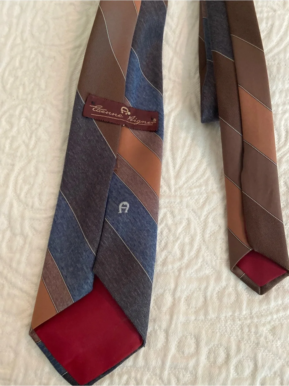 Vintage Etienne Aigner Diagonal Stripe Necktie Blue Brown Camel Horseshoe Logo